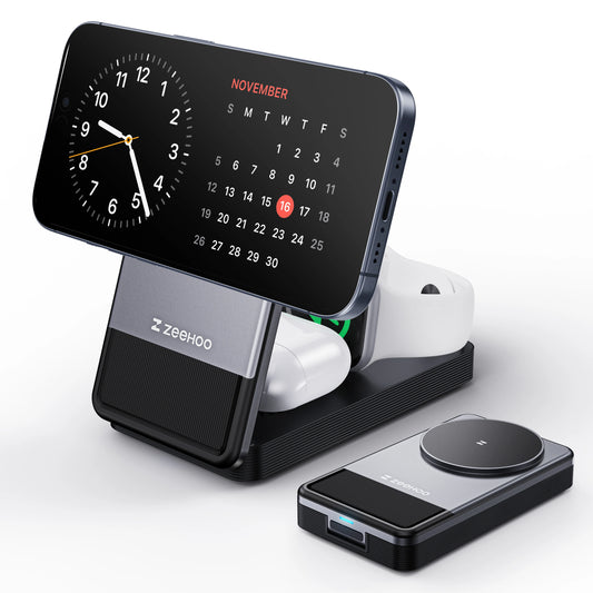 3-In-1 Portable Charging Station, 15W Fast Wireless Charger Stand, Foldable Multiple Wireless Charger for Iphone 15/14/13