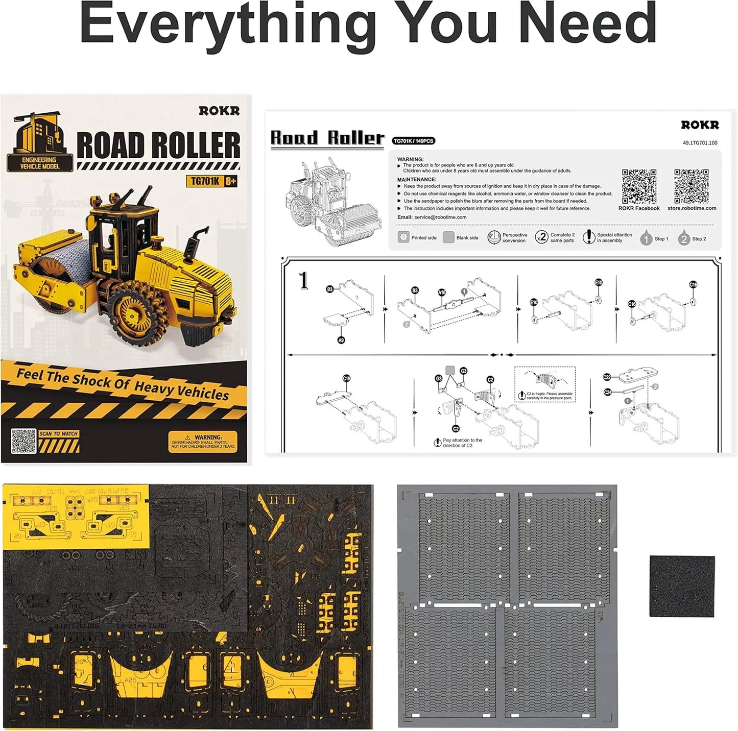 Rokr 3D Puzzles Wooden Model Car Kits Engineering Road Roller Model DIY Wooden Building Kits for Kids Gift for Birthday