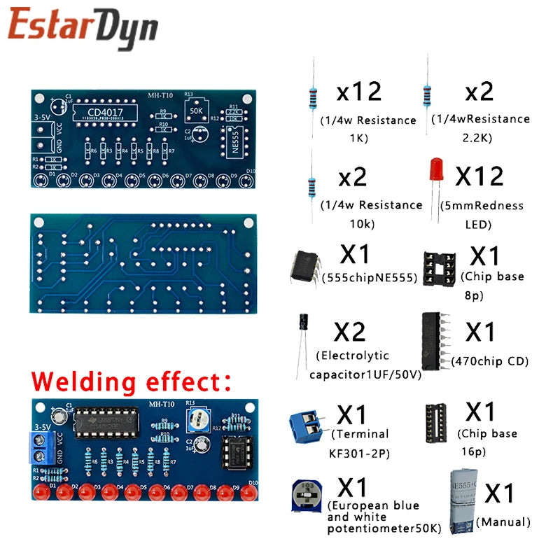 Smart Electronics Kits NE555+CD4017 Light Water Flowing Light LED Module DIY Kit Learn Electronic Principles, Children'S Lab