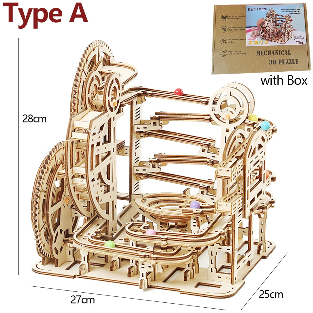 3D Wooden Puzzle Building Model Kits Marble Runs Mechanical Puzzles Self Assembly Toy STEAM Educational Toys for Kids Adult Gift