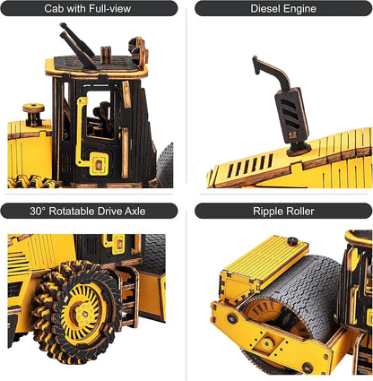 Rokr 3D Puzzles Wooden Model Car Kits Engineering Road Roller Model DIY Wooden Building Kits for Kids Gift for Birthday