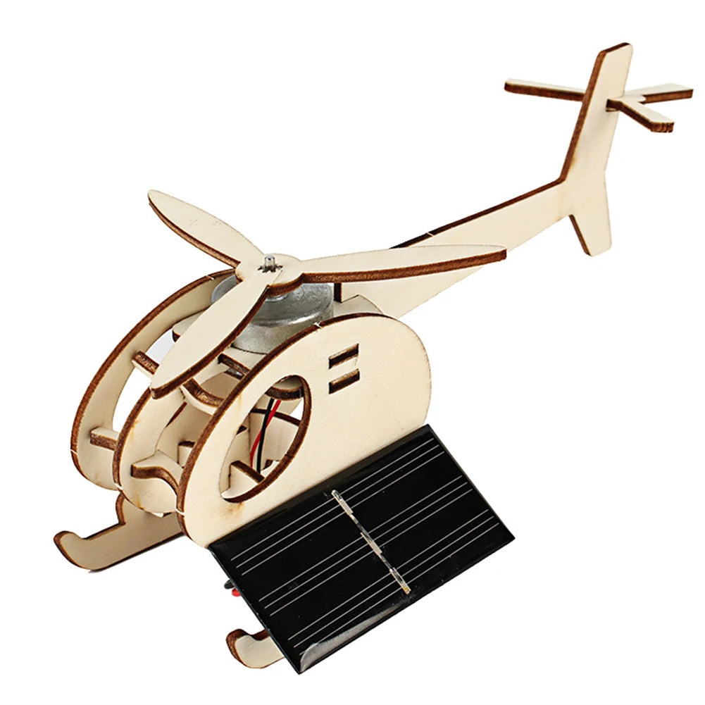 Creative DIY 3D Solar Airplane Toy Wooden Puzzle Solar Energy Powered Plane Moveable Assembly Model Kits Learning Supplies