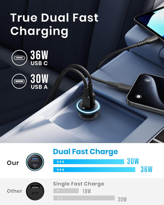 USB C Car Charger, 66W USB-C & USB-A Fast Charging Cigarette Lighter Adapter, Car Power Adapter PD QC3.0 Mini Car Phone Charger, for Iphone 16 15 14 Pro Max Samsung Galaxy S25 S24 S23, Ipad Pro