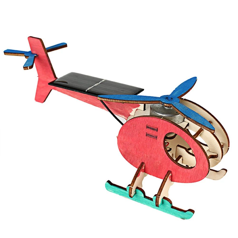 Creative DIY 3D Solar Airplane Toy Wooden Puzzle Solar Energy Powered Plane Moveable Assembly Model Kits Learning Supplies