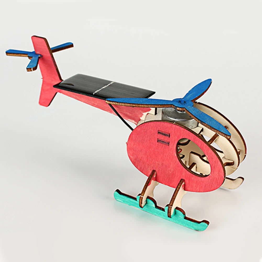 Creative DIY 3D Solar Airplane Toy Wooden Puzzle Solar Energy Powered Plane Moveable Assembly Model Kits Learning Supplies