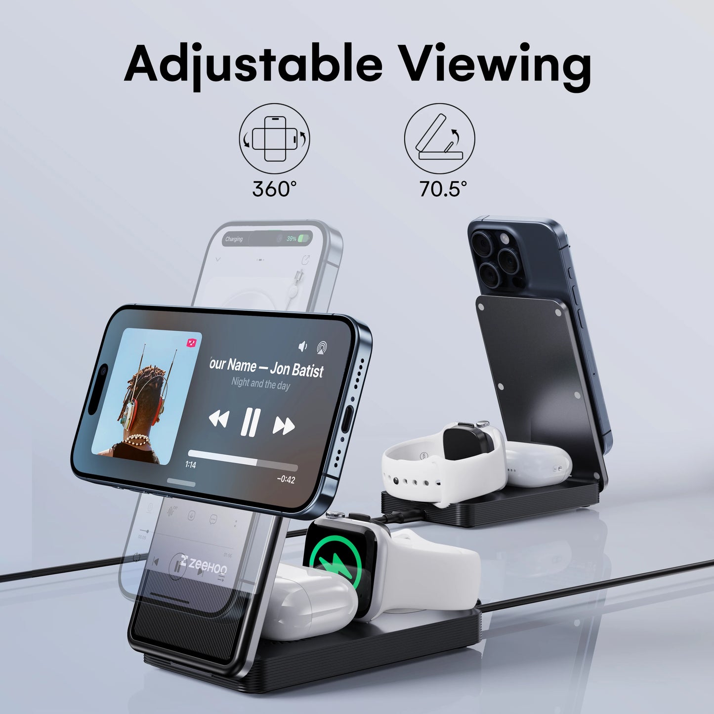 3-In-1 Portable Charging Station, 15W Fast Wireless Charger Stand, Foldable Multiple Wireless Charger for Iphone 15/14/13