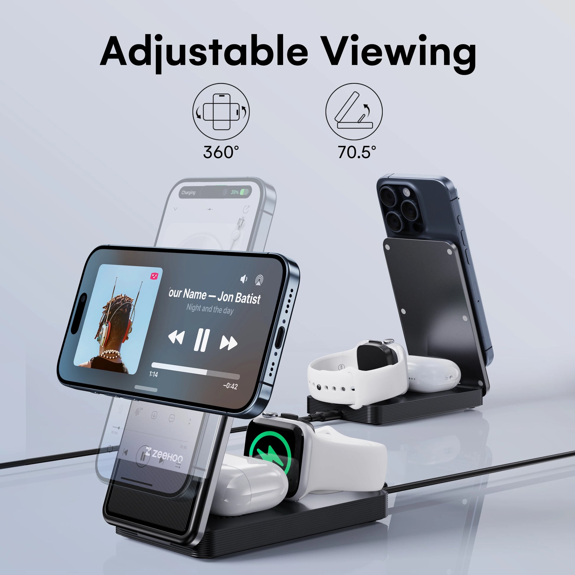 3-In-1 Portable Charging Station, 15W Fast Wireless Charger Stand, Foldable Multiple Wireless Charger for Iphone 15/14/13