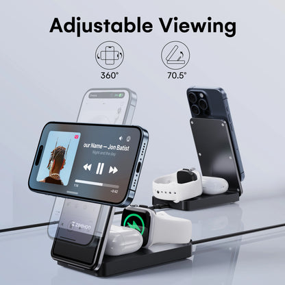 3-In-1 Portable Charging Station, 15W Fast Wireless Charger Stand, Foldable Multiple Wireless Charger for Iphone 15/14/13