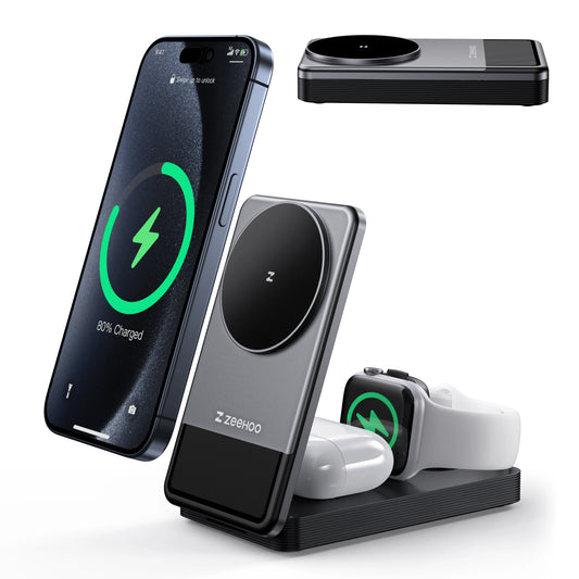 3-In-1 Portable Charging Station, 15W Fast Wireless Charger Stand, Foldable Multiple Wireless Charger for Iphone 15/14/13