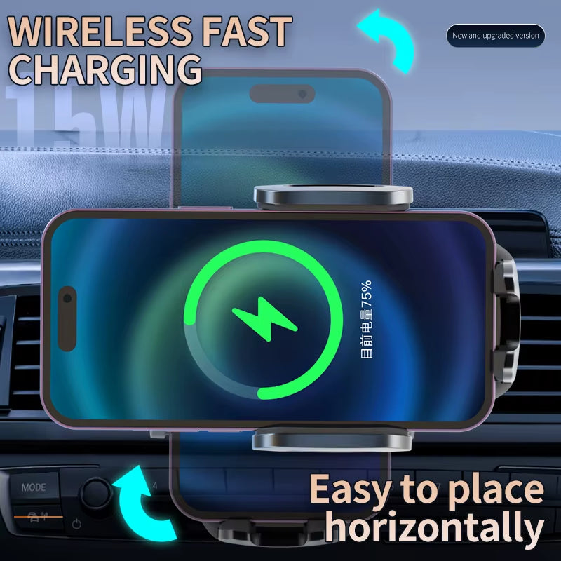 Wireless Car Charger Auto-Clamping 15W Fast Charging 360 Adjustable Air Vent Cell Phone Holder Car Mount Wireless Charger