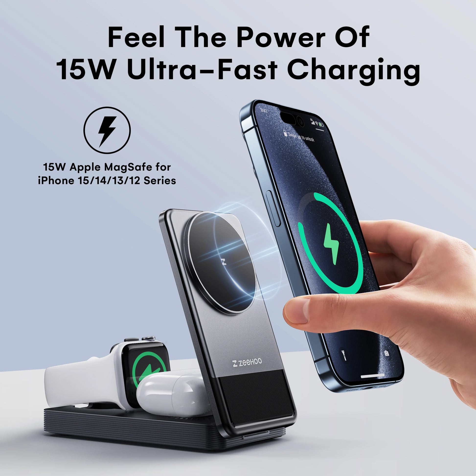 3-In-1 Portable Charging Station, 15W Fast Wireless Charger Stand, Foldable Multiple Wireless Charger for Iphone 15/14/13